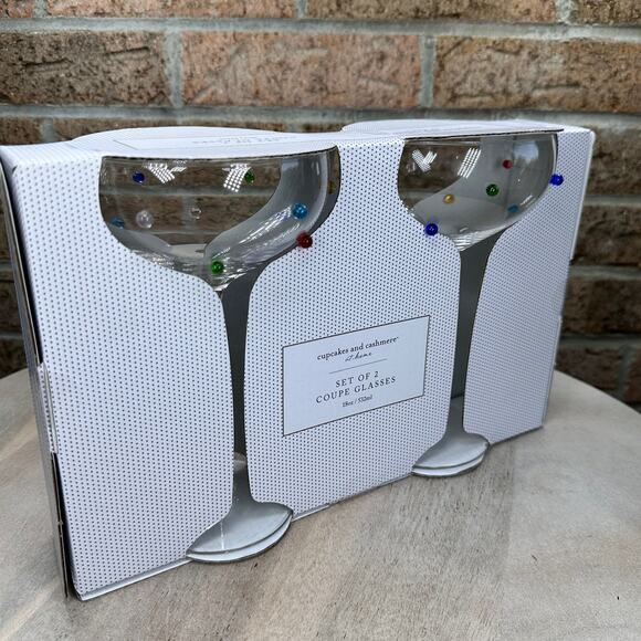 Cupcakes and Cashmere Rainbow Dot Coupe Glass Set 2 Vintage Style Set New - Picture 6 of 11